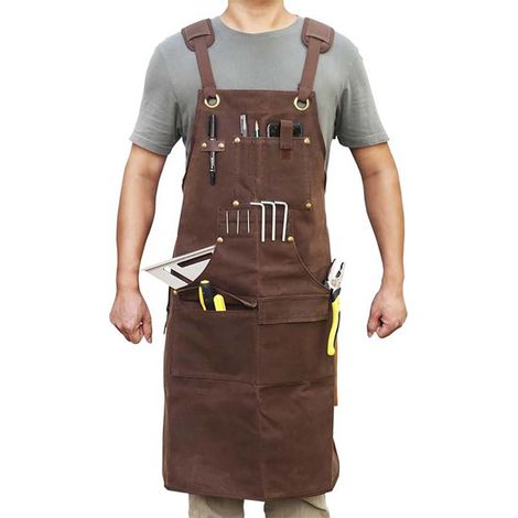 Tablier de travail et de coiffure en toile épaisse marron avec plusieurs compartiments de rangement, bretelles réglables pour coiffeur, menuisier et artisanat (1/3)