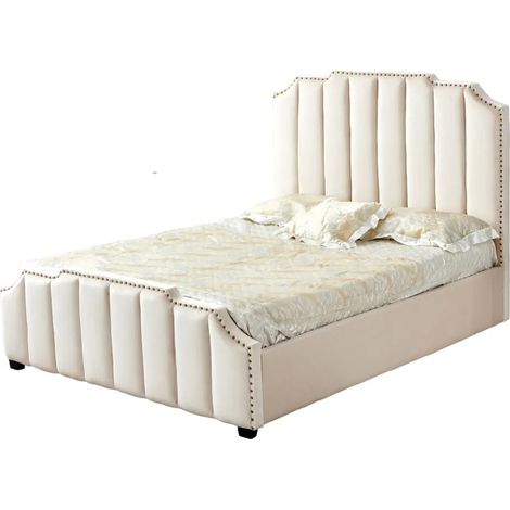 Lit Adulte Pepper 160x200 cm Velours Beige Clouté Sommier Inclus (1/3)