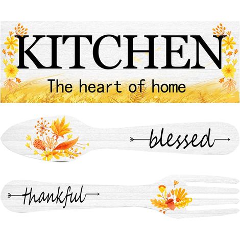 Wooden Fork Wall Decor - Rustic Kitchen Wall Art Set With Spoon And Floral Motif - 3 Pieces Wooden Hanging Decoration For Dining Room Cafe (1/5)
