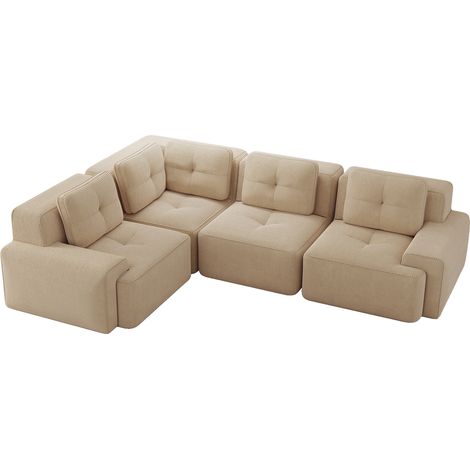Canapé modulaire sans cadre pour salon ou bureau, tissu velours beige, assise profonde rembourrée, design antidérapant, prêt à l'emploi, confortable. (1/5)