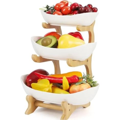 Corbeille à Fruits - MARQUE Inconnue - 3 Étages - Plastique Blanc - Support en Bambou - Multi-usage (1/4)