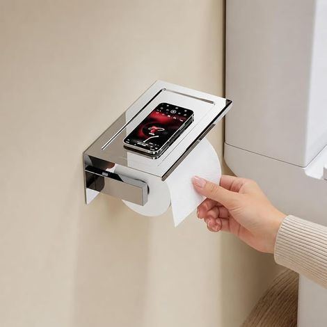 Porte-Rouleau Papier Toilette avec Étagère Murale en Acier Inoxydable Chromé Support WC Design Moderne avec Tablette Intégrée pour Salle de Bain (1/5)