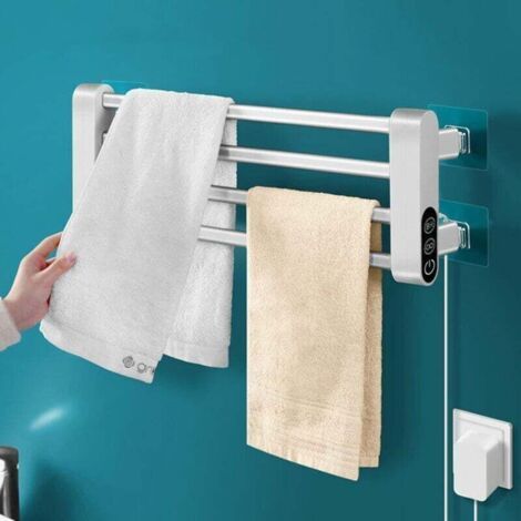 Radiateur de salle de bain blanc avec thermostatique 55°, porte-serviettes chauffant électrique pour salle de bain, pliable à 90° et minuterie, auto-adhésif, sans perforation, contrôle tactile (1/4)