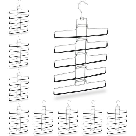 9 Perchas Múltiples, 45 Pantalones, Ahorra Espacio, Antideslizantes, Hierro-PVC, 52x33,5x2 cm, Plateado