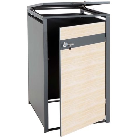 1er Mülltonnenverkleidung HHG-356, Mülltonnenbox, erweiterbar, Metall 32kg, anthrazit Buche-Holzoptik hellbraun