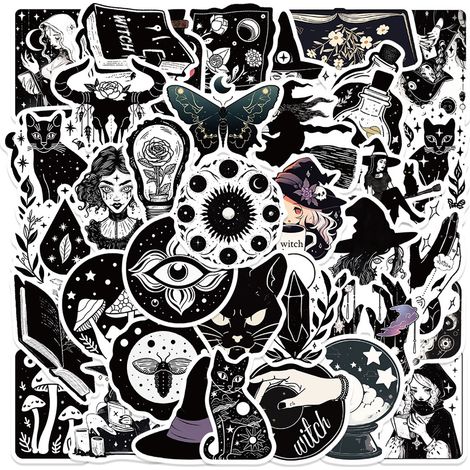 52 Autocollant sorcière, imperméable PVC, style gothique noir et blanc, pour ordinateur portable, valise, casque, décoration DIY (1/5)