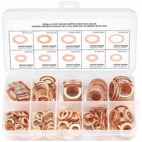 Copper Metal Washers Pack - Sealing Rings Gaskets - Flat Washers with Box - Assortment of 200 Pieces for Sealing - Sizes M5 M6 M8 M10 M12 M14. (1/5)