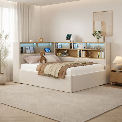 Tagesbett 90x200 cm beige aus Samt mit hydraulischem Stauraum, LED, USB-C und integrierter Matratzenfixierung (1/5)