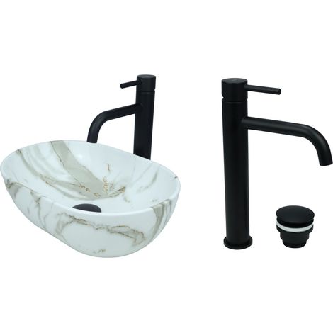 GTM Design Aufsatzwaschbecken 38 cm Glanz Set mit Waschtischbatterie und Stopfen - Aufsatzwaschbecken Oval für Badezimmer - Modern Waschbecken ohne Hahnloch - Waschbecken mit Armature (1/5)