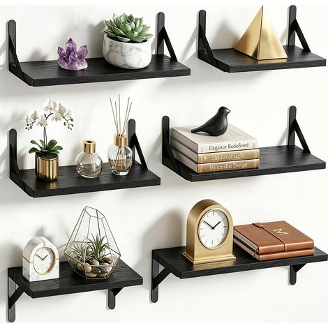 étagère Murale, Bois Massif de Paulownia, Lot de 6, Noir Étagères murales en bois, supports métalliques, 2 montages, disposition flexible de 6 pièces dans chambre et salle de bain (1/5)