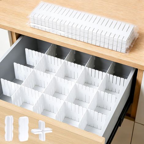 20 Séparateurs de Tiroirs Réglables, Separateur de Tiroir, Organisateur de Tiroirs pour Vetement Chaussettes Salle de Bain Cuisine(31,9 x 6,9 cm)+10 connecteurs, 5 connecteurs latéraux, 5 rallonges (1/5)