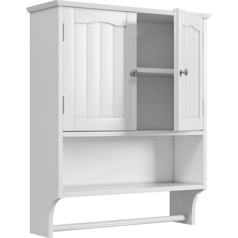 Armario de baño mural blanco de MDF con 2 estantes regulables y barra para toallas (1/5)
