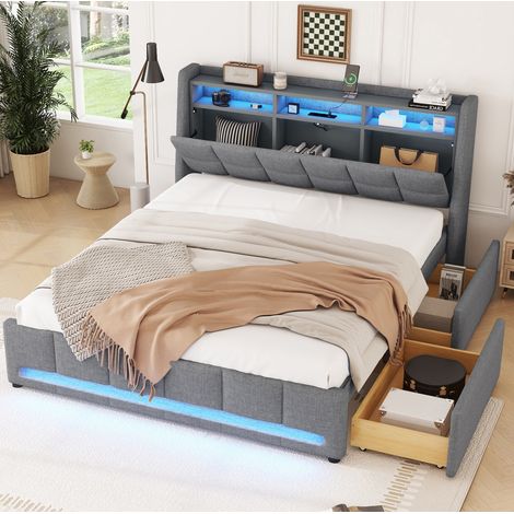 letto contenitore 140x200 LED USB con cassetti grigio HAVRYA (1/5)