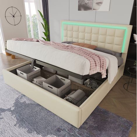 Cama 180x200 cm de PU blanco con LED, arcón abatible y somier de láminas