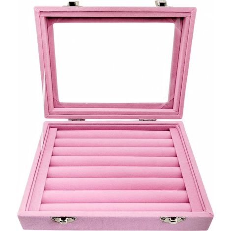 Boîte de rangement en verre velours pour bijoux, idéale pour les bagues et les boucles d'oreilles – boîte de rangement pour bijoux de femmes et de filles (rose)