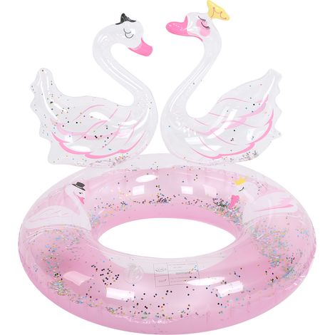 Bouée gonflable double cygne pour enfant, pailletée, en PVC rose, 60 (1/5)