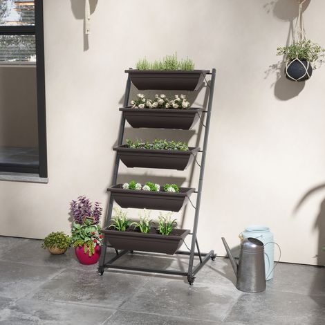 Étagère à plantes à 5 niveaux, 145 cm de haut, avec pots à roulettes, en acier marron. (1/5)