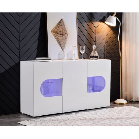 Aparador moderno EMKK blanco brillante con iluminación LED variable, ideal para salón y comedor, 150 cm. (1/5)