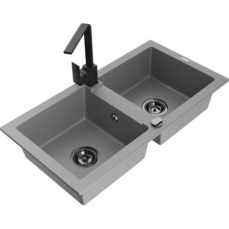 Mexen Mario lavello in granito a 2 vasche con rubinetto da cucina Rita, grigio - 6504-71-670300-70-B (1/5)