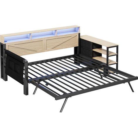 Canapé-lit en métal, 90 x 200 cm, avec lit gigogne réglable, meuble de rangement, 3 tiroirs, compartiments de rangement, éclairage LED et port USB, noir. (1/5)