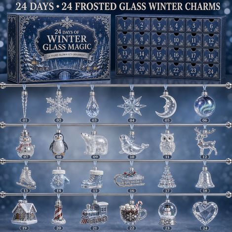 Adventskalender 2026 – 24-teilig – strahlend blau-weiß – Acryl – 24 Tage mit winterlichen Kristallanhängern – Weihnachtsbaumschmuck – geeignet für Weihnachten und als Dekoration für den Wohnbereich (1/3)
