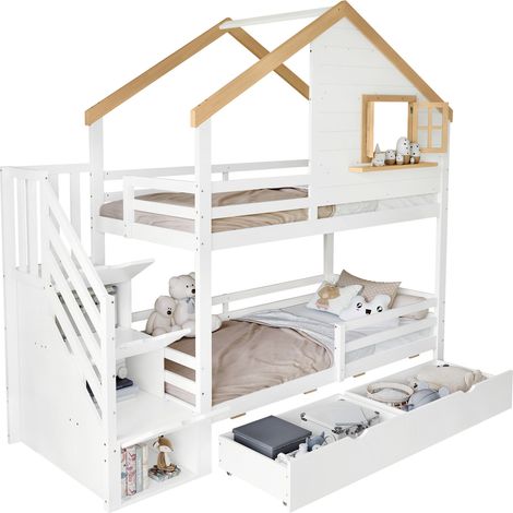 CHICFURN Letto a castello bambini 90x200 cm in pino e MDF bianco/naturale con cassetti (1/5)