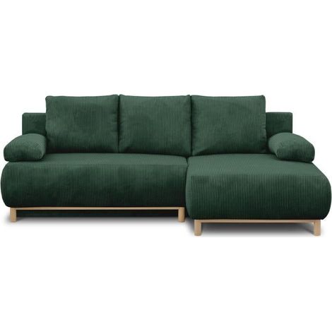 Canapé d'angle convertible 3 places – Tissu velours côtelé vert foncé – Coffre de rangement intégré – Dimensions 192 x 84 x 93 cm – Mikado (1/5)