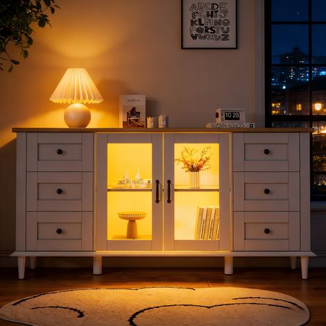 Buffet de salon 150 × 40 × 75 cm, avec 2 portes en acrylique, 6 tiroirs, éclairage LED, meuble de salle à manger, grands rangements, meuble d’appoint polyvalent pour canapé, blanc + ton bois (1/5)