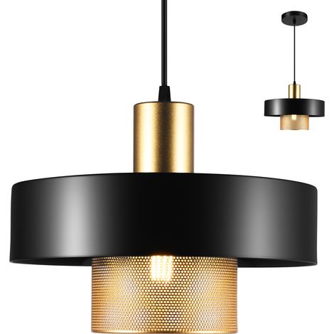 Suspension luminaire industrielle métal 22 x 30 cm, lustre salon pour îlot cuisine salle à manger chambre entrée, sans source lumineuse, noir doré (1/5)