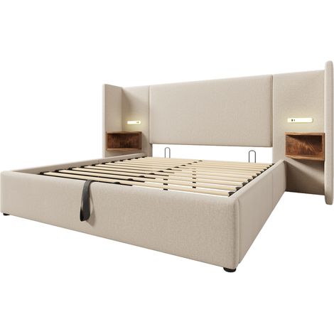 Letto matrimoniale 160x200 in lino beige con comodino, luce lettura e USB-C (1/5)
