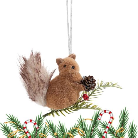 Ornement de Noël Écureuil Branches de pin réalistes avec Pommes de pin  Écureuil en peluche pour décoration d'étagère rustique Sapin de Noël, bureau, extérieur, fenêtre, mur, (1/5)