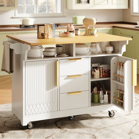 Îlot de cuisine à roulettes avec plateaux rabattables 120-197 cm blanc OKMYHOME (1/5)