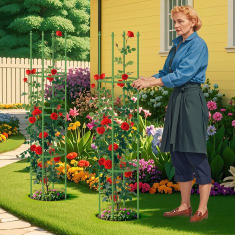 Lot de 2 Treillis Obélisque de Jardin pour Plantes Support pour Plantes Grimpantes en Métal Revêtu de PE 145 cm de Haut Vert (1/3)