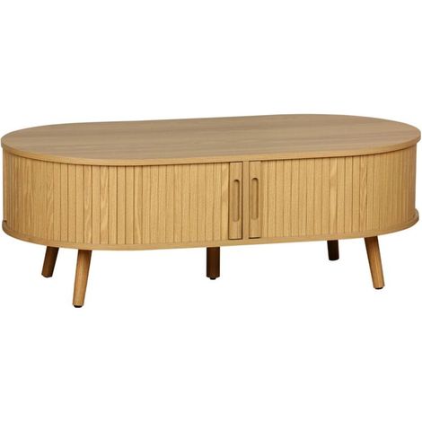 Table basse 2 portes coulissantes avec 3 compartiments effet bois rainuré. L 110 x P 59 x H 39cm