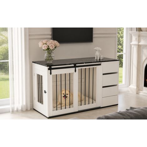 Hundebox im Möbeldesign (140x60x87 cm), 2-in-1 mit Stauraum, Schiebetür und Seitentür, MDF und Metall, Weiß (1/5)