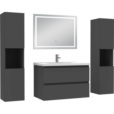 Aica Ensemble meubles Salle de Bain 80cm avec Colonne + Miroir Lumineux 3 Couleurs et Dimmable Anthracite
