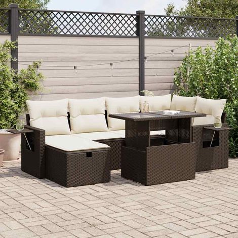Canapé de Jardin 7 Places en Résine Tressée Marron avec Table et Coussins Lavables (1/5)