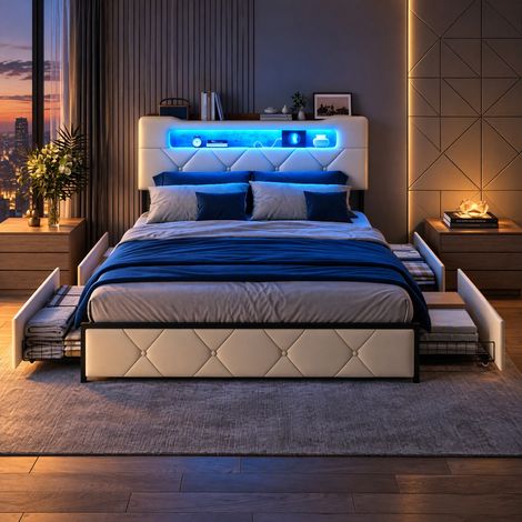 JOOKGBD-Polsterbett 160x200 cm,Doppelbett,Stauraumbett mit 4 Schubladen und Lattenrost, Staufach-Kopfteil mit USB-Ladestation, Jugendbett Funktionsbett,Samt,Beige