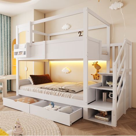 Lit superposé enfant 90 x 200 cm style cabane avec ardoise, escalier et tiroirs, blanc (1/5)