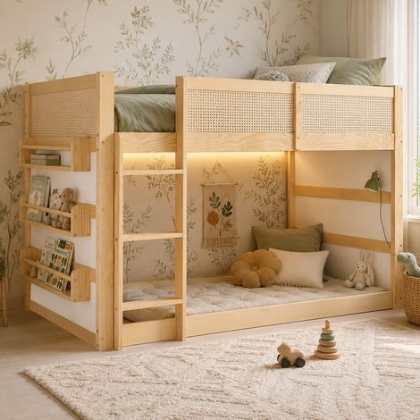 Lit mezzanine enfant 90x200cm escalier 3 marches étagère ruban LED garde-corps complet structure pin MDF osier artificiel naturel blanc (sans Matelas) (1/5)