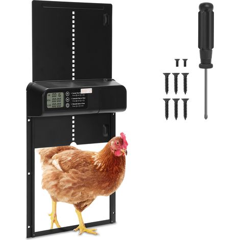 Jiubiaz Trappe automatique pour poulailler avec minuterie et LCD, système anti-pincement, 3 piles AA, commande manuelle (1/5)