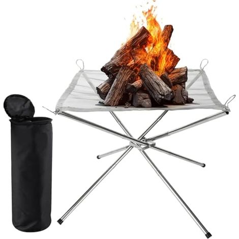 Foyer portable pour camping, 56 x 43 cm, pliable en maille d'acier inoxydable avec sac de transport, petit foyer d'extérieur pour jardin, jardin, terrasse, barbecue, camping, pique-nique