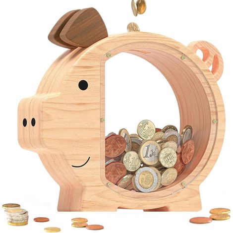 Piggy Bank en bois avec fenêtre transparente – 25 x 22,5 x 4 cm, cadeau amusant et éducatif pour les enfants (1/5)