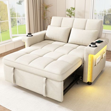 Canapé convertible en lit 145 cm, 2 places avec dossier réglable 3 positions, LED, USB/Type-C, porte-gobelets, poche latérale, chenille, beige (1/5)