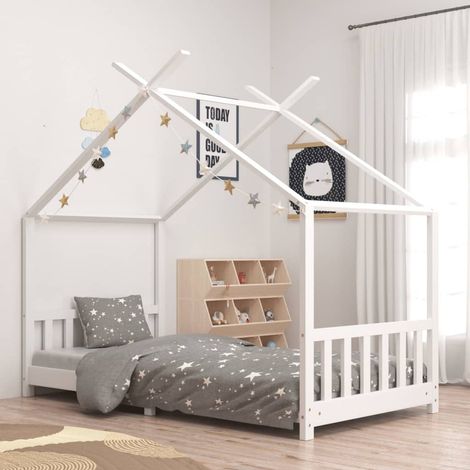Lit cabane-90 x 200 cm, Cadre de lit d'enfant Blanc Bois de pin massif PDKEI21325 (1/5)