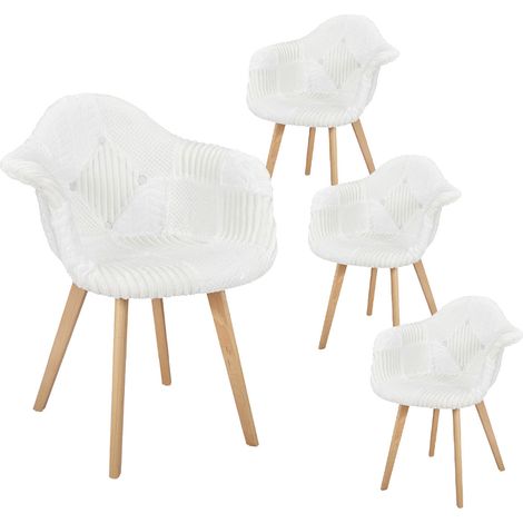 ROHAN - Lot de 4 Fauteuils Imitation Laine Motif Patchwork Blanc (1/5)