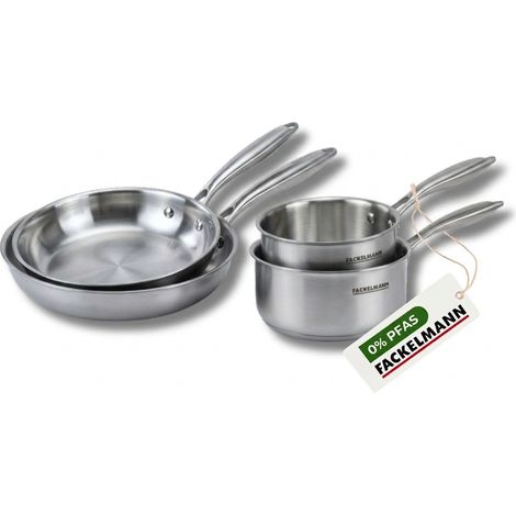 Batterie de cuisine avec 2 poêles 20/28 cm et 2 casseroles 14/18 cm en acier inoxydable sans PFAS Fackelmann Vita3
