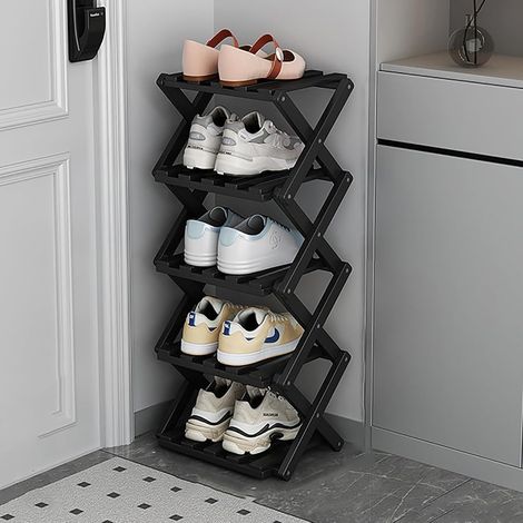 Range-chaussures en bambou, Organiseur domestique, Étagère de rangement, Unité pliable, Design simple et aéré, Idéal pour les angles et les salons (Noir, 5 niveaux)