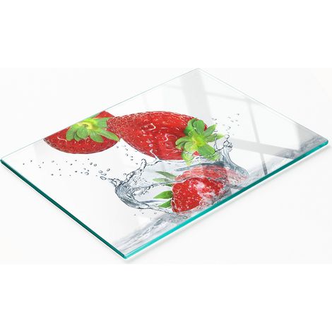 Planche à découper décorative en verre pour la cuisine, motif fraises et eau, 80 x 52 cm (1/5)