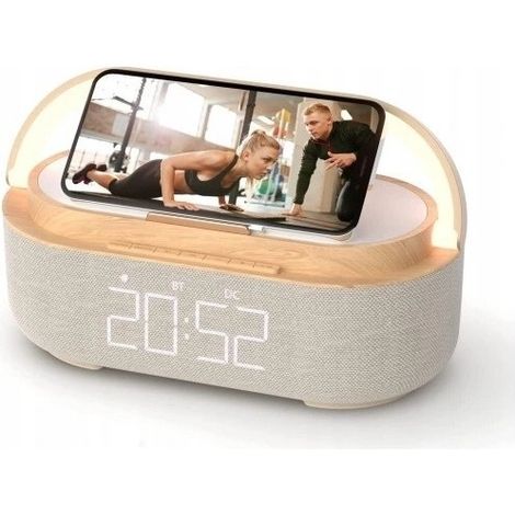 UKW-Radio, digitaler Morgenwecker mit kabelloser Aufladung, multifunktional mit USB-Ladeanschluss, Bluetooth-Lautsprecher, LED-Anzeige, Lampe mit Handyhalterung, M